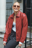 Faux Leather Collared Bomber Jacket, CHERRY RED - alternate image 1