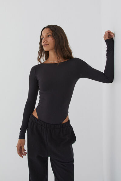 Luxe Backless Long Sleeve Bodysuit, BLACK