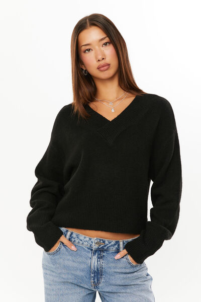 Ginny V Neck Knit Jumper, BLACK