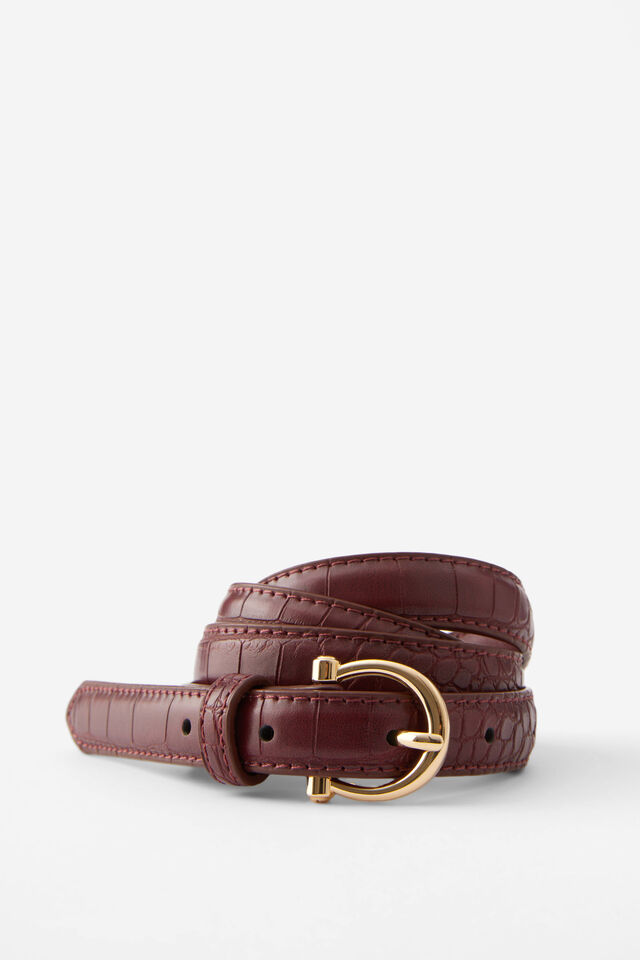 Thin Faux Croc Belt, DEEP CHERRY/GOLD