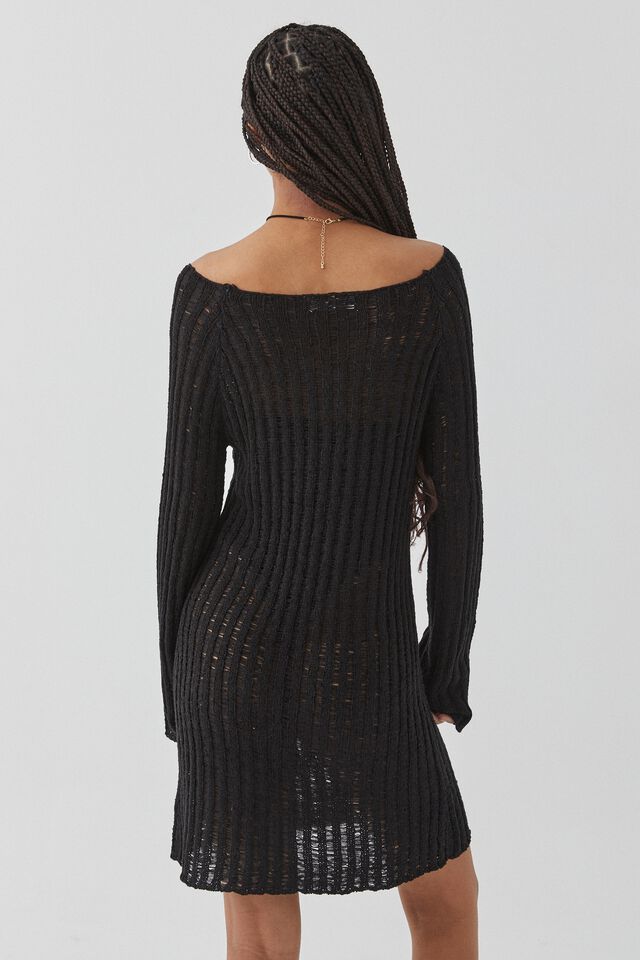 Leah Long Sleeve Open Knit Dress, BLACK