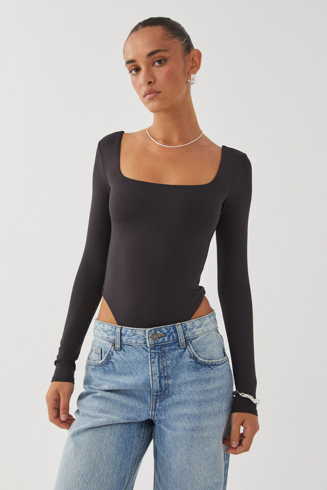 Luxe Square Neck Long Sleeve Bodysuit, BLACK