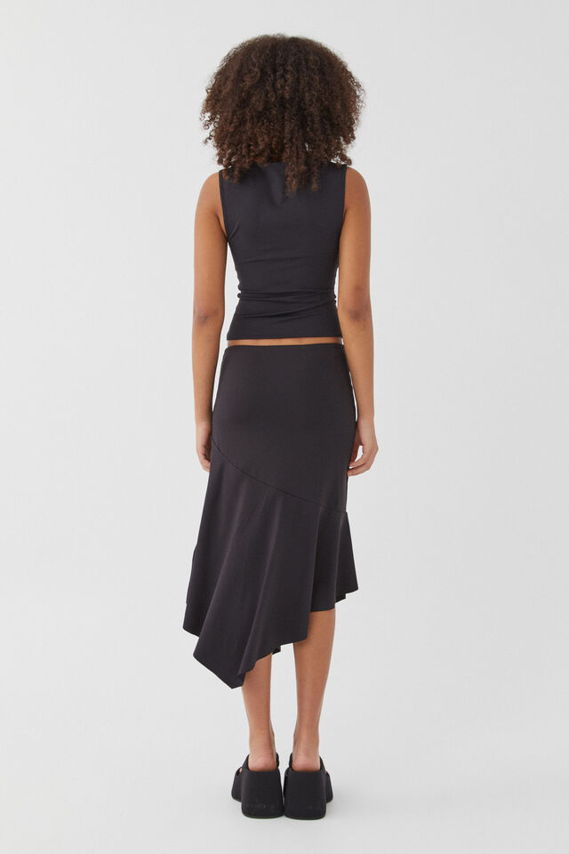 Luxe Asymmetrical Midi Skirt, BLACK