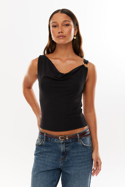 Soft Demi Cowl Neck Top, BLACK