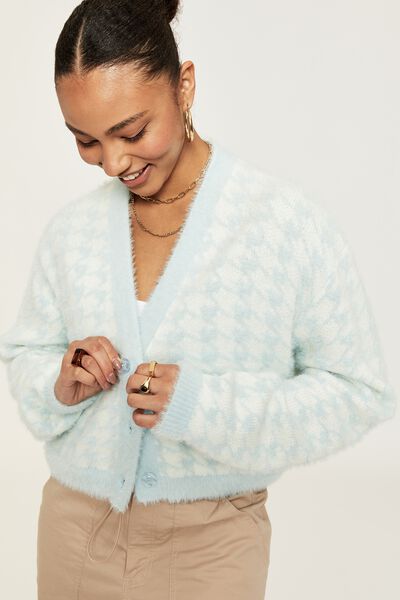 Lucca Houndstooth Knit Cardigan, PALE BLUE/WINTER WHITE