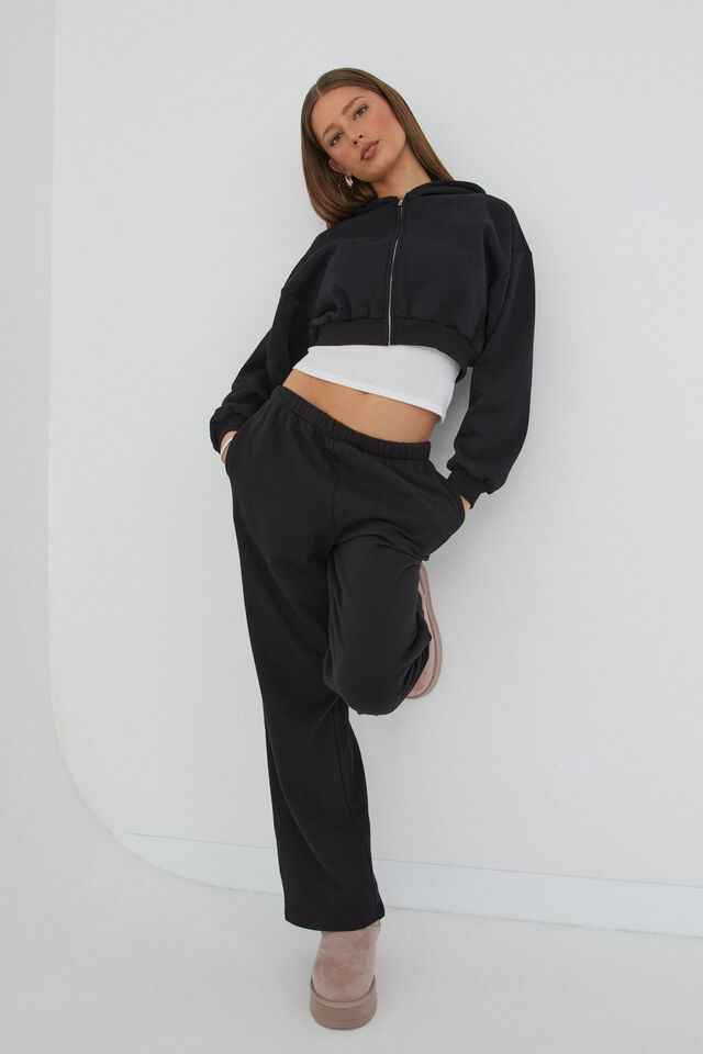 Jolie Cropped Zip Through Hoodie, BLACK