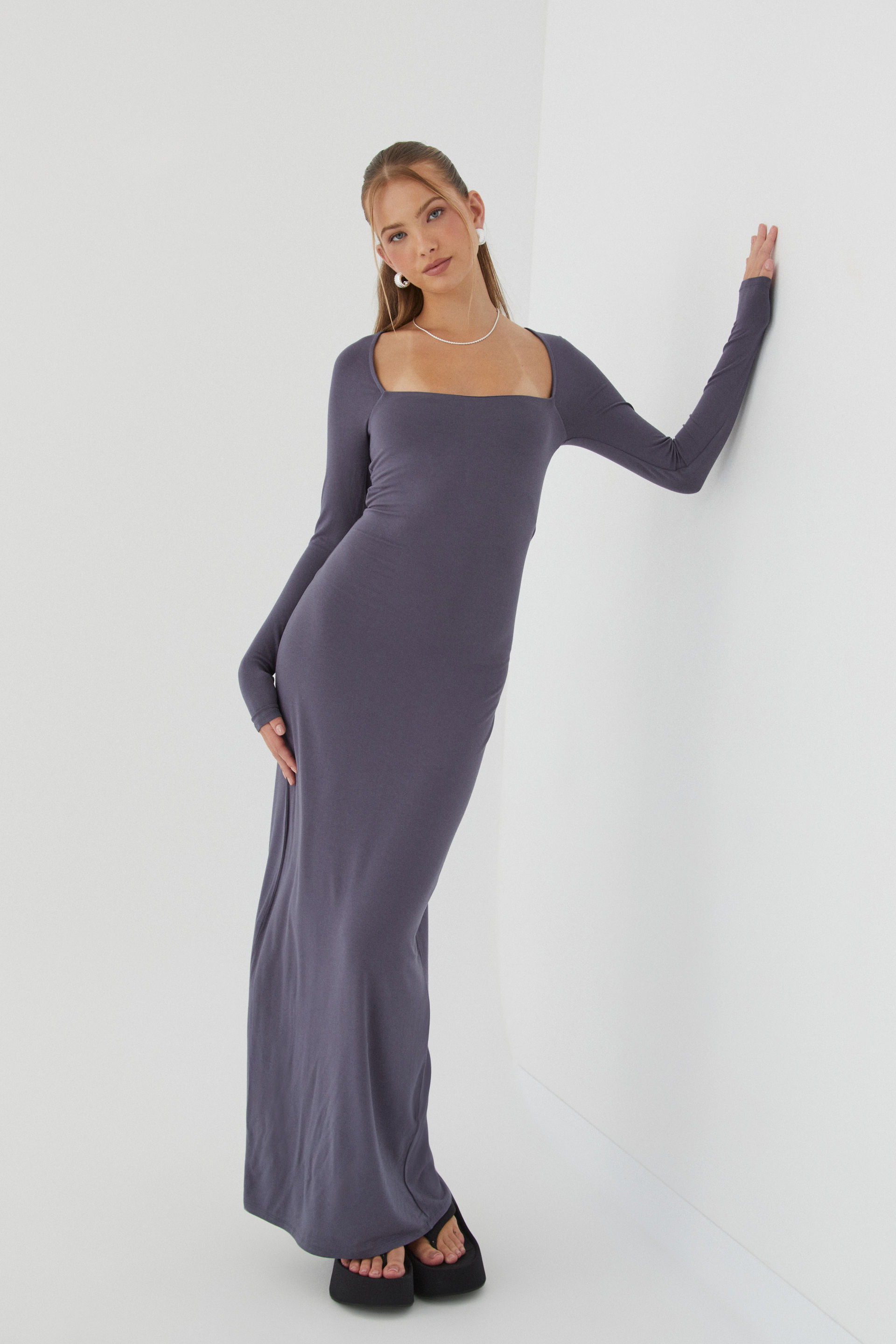 Gray long sleeve maxi dress sales