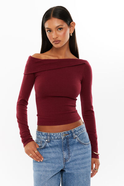 Immy Fold Back Knit Top, RED VELVET
