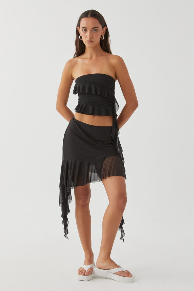 Giselle Asymmetric Mesh Skirt, BLACK