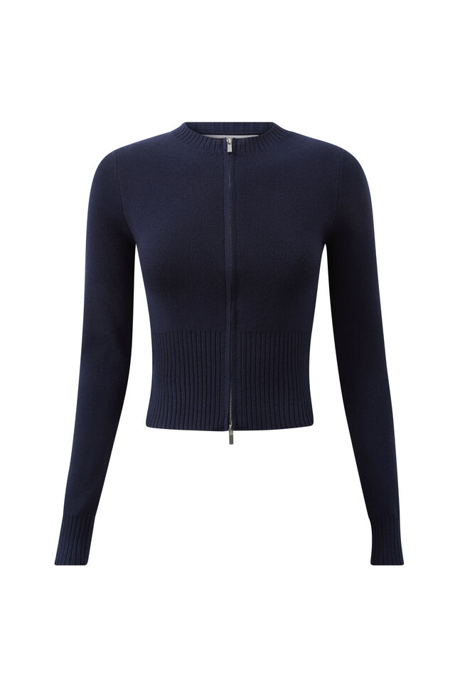 Shelby Zip Through Crew Neck Jumper, NAVY LEAGUE