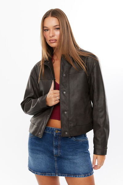 Asher Faux Leather Bomber Jacket, CHOC