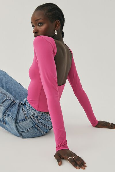 Luxe Long Sleeve Backless Top, MOODY MAGENTA