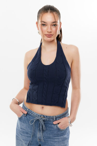 Goldie Cable Knit Halter Vest, ALL STAR NAVY
