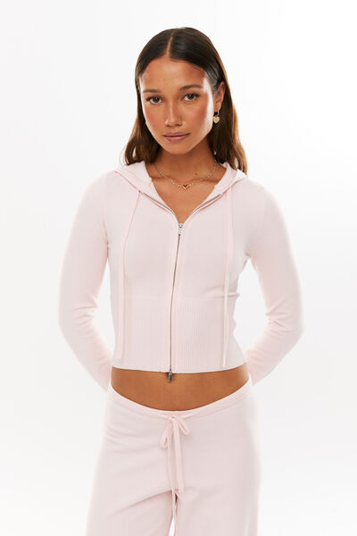 Katie Zip Through Knit Hoodie, GLOSS PINK