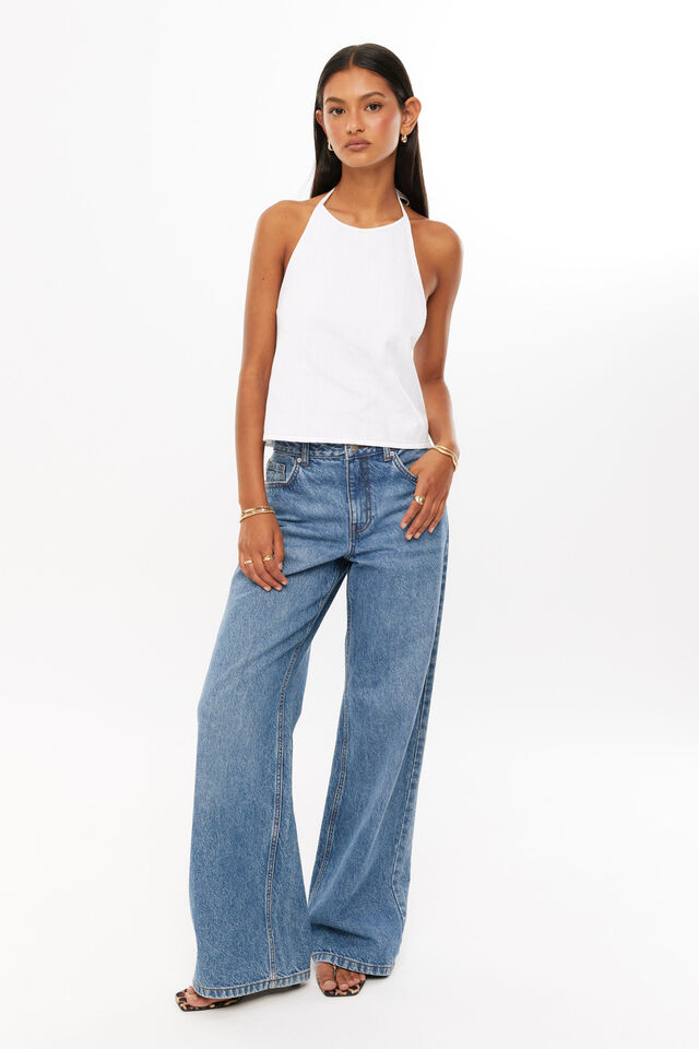 Denim Open Back Halter Top, WHITE