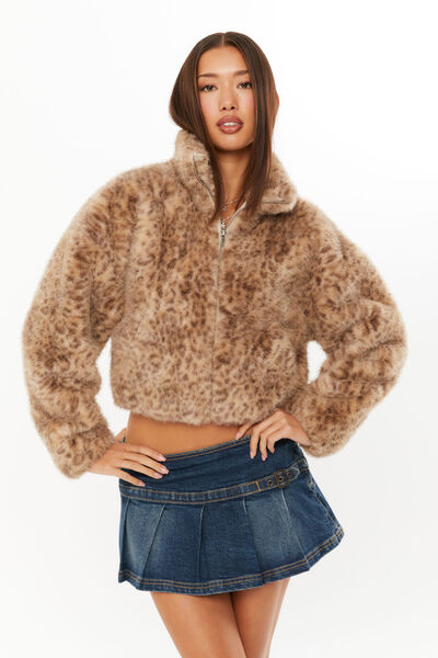 Brooke Cropped Faux Fur Jacket, WASHED LEOPARD