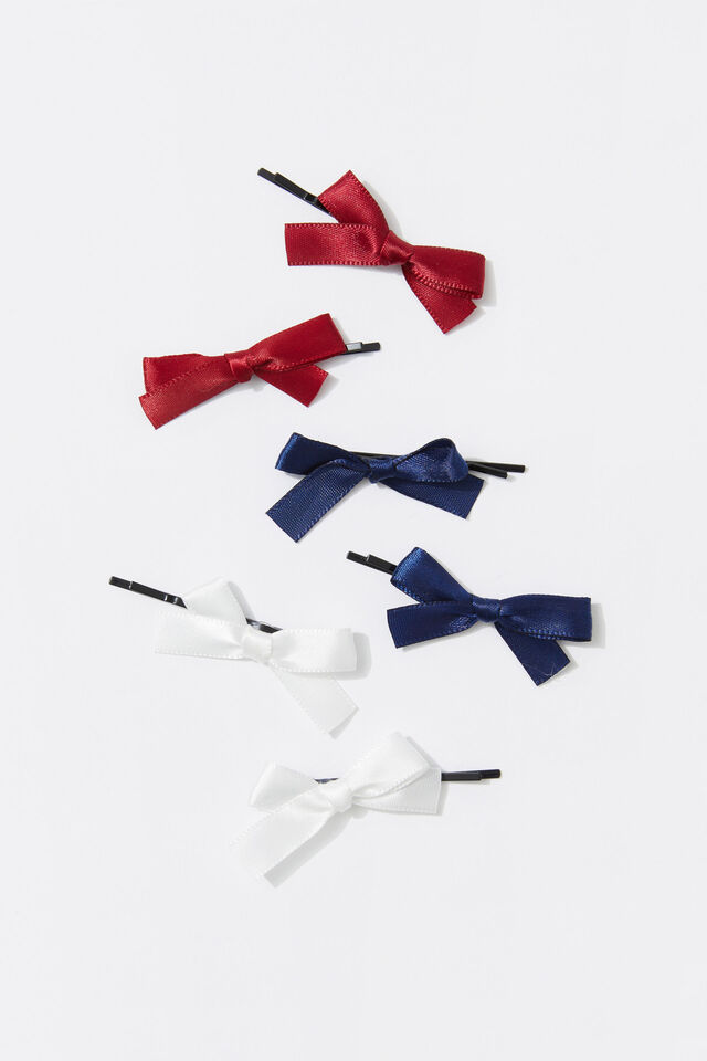 Mini Bow Clips 6Pk, CHERRY/NAVY/WHITE