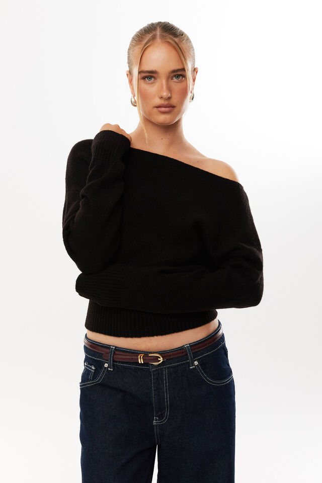 Pippa Off Shoulder Knit Jumper, BLACK