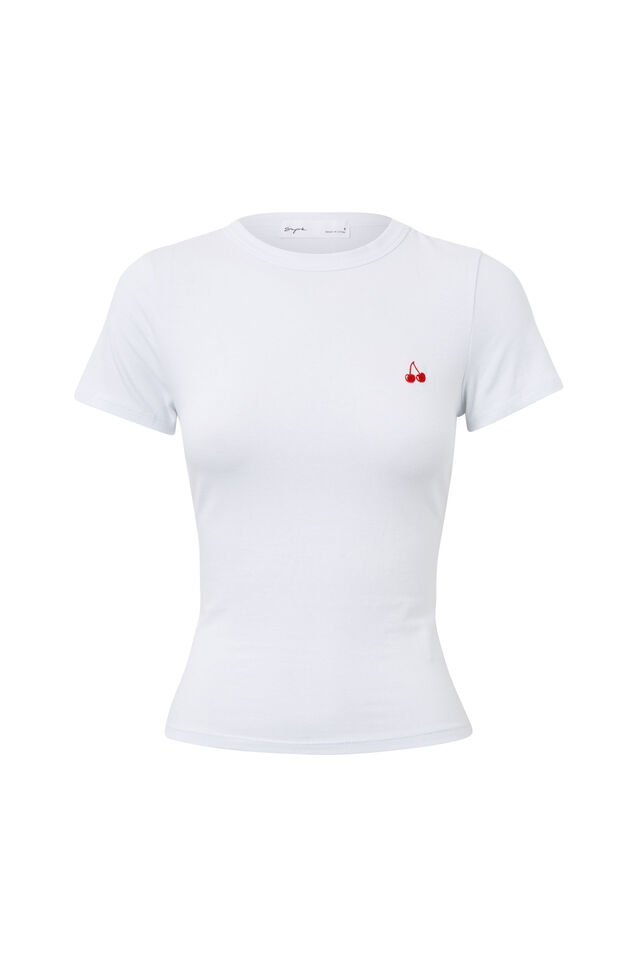 Embroidered Cherry Fitted Tee, WHITE/CHERRY