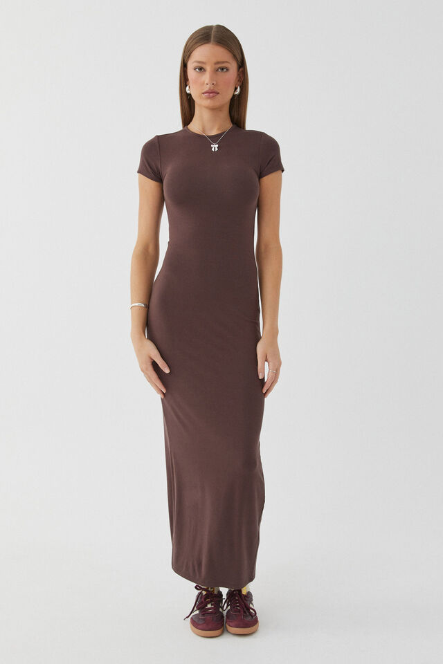 Soft Short Sleeve Maxi Dress, ESPRESSO BROWN