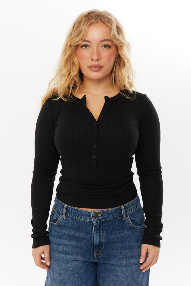 Harriet Henley Long Sleeve Top, BLACK