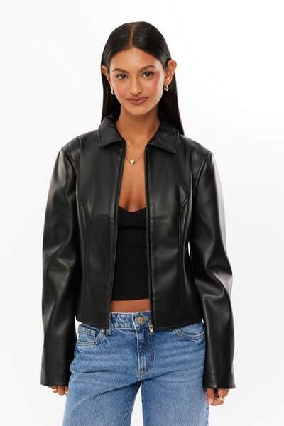 Gracie Collared Faux Leather Jacket, BLACK