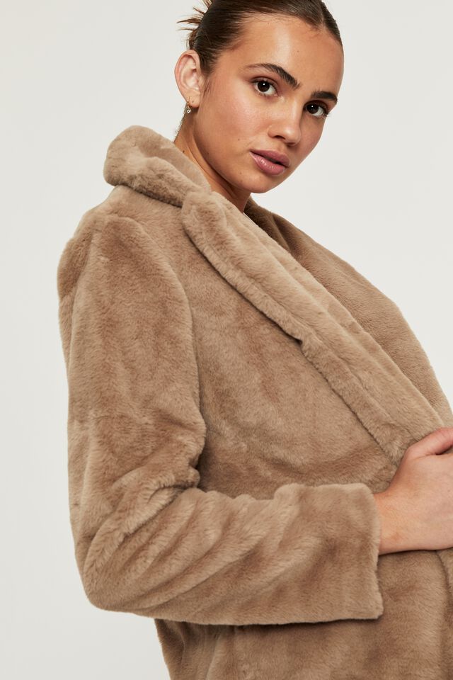 Faux Fur Coat, TOFFEE TAUPE