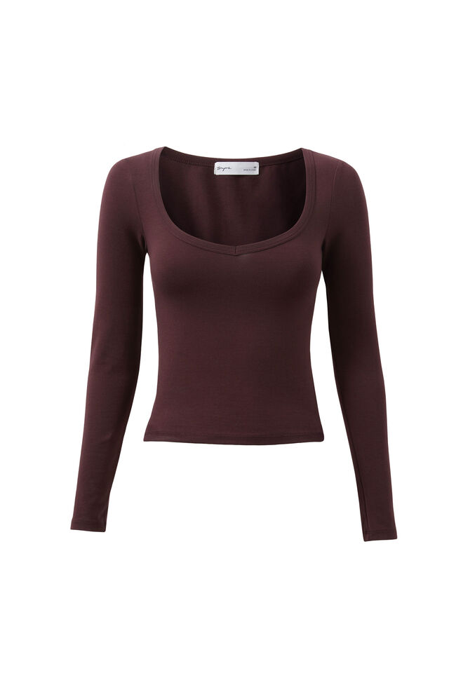 Vivian V Neck Long Sleeve Top, CHOC CHERRY