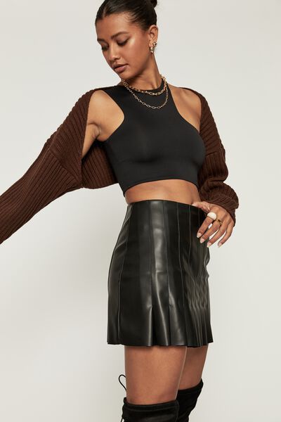 Vegan Leather Pleated Skirt, BLACK