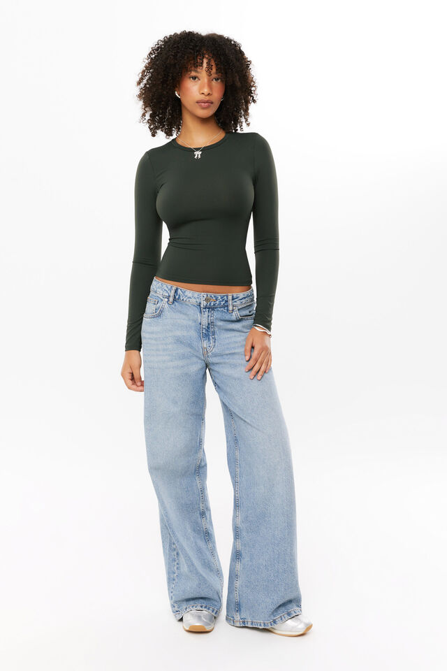Luxe Long Sleeve Longline Tee, COLLEGE GREEN