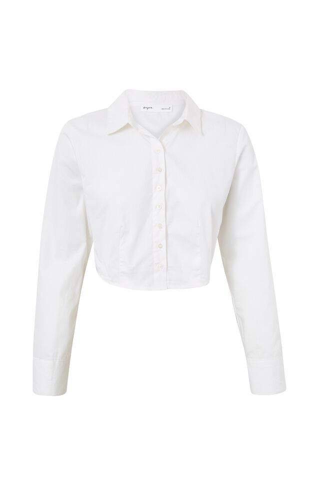 Cropped Long Sleeve Shirt, WHITE