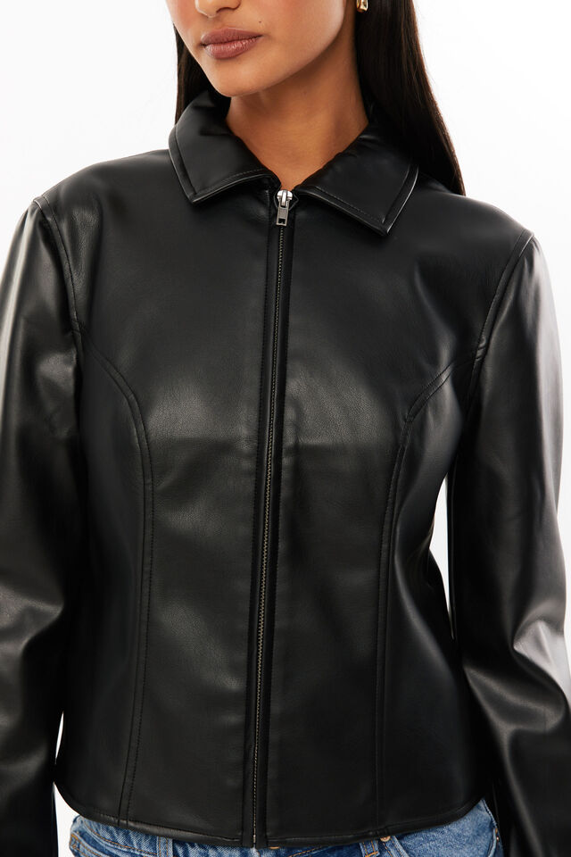 Gracie Collared Faux Leather Jacket, BLACK
