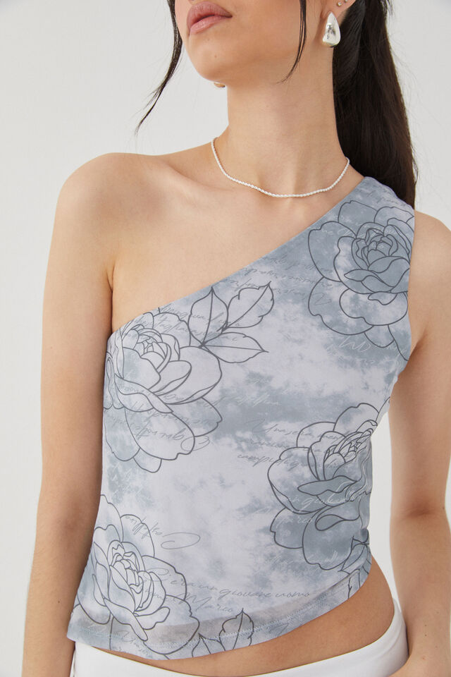 Mesh Graphic One Shoulder Top, GREY/ROSES