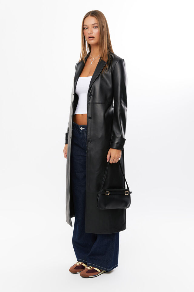 Penelope Faux Leather Trench Coat, BLACK