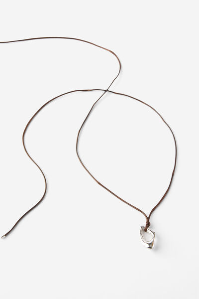 Cord Pendent Necklace, SILVER & BROWN/ FLUID OVAL