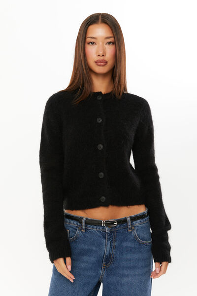 Phoebe Fluffy Knit Cardigan, BLACK