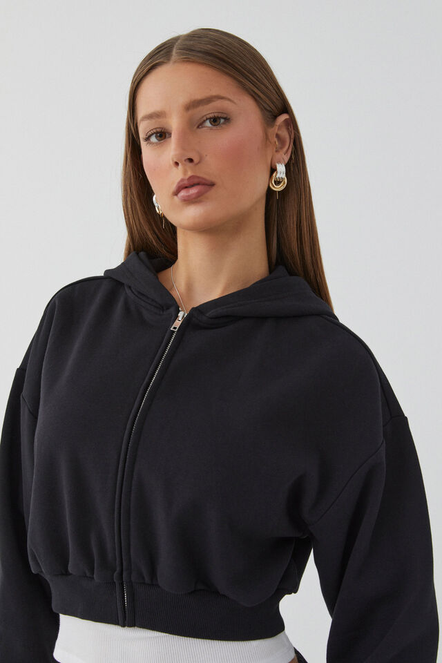 Jolie Cropped Zip Through Hoodie, BLACK