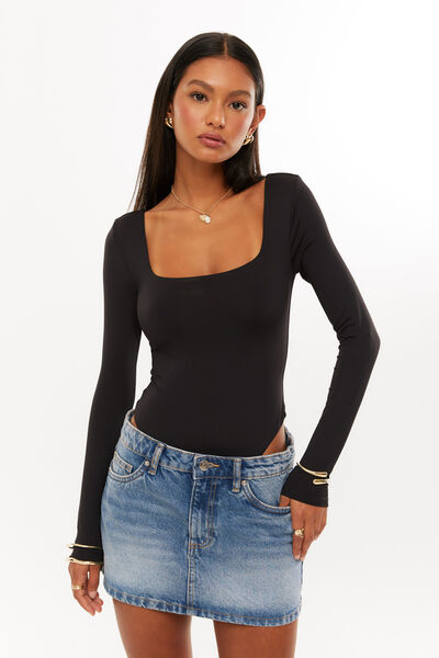 Luxe Square Neck Long Sleeve Bodysuit, BLACK