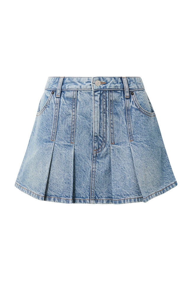 Pleated Denim Mini Skirt, HAZE BLUE