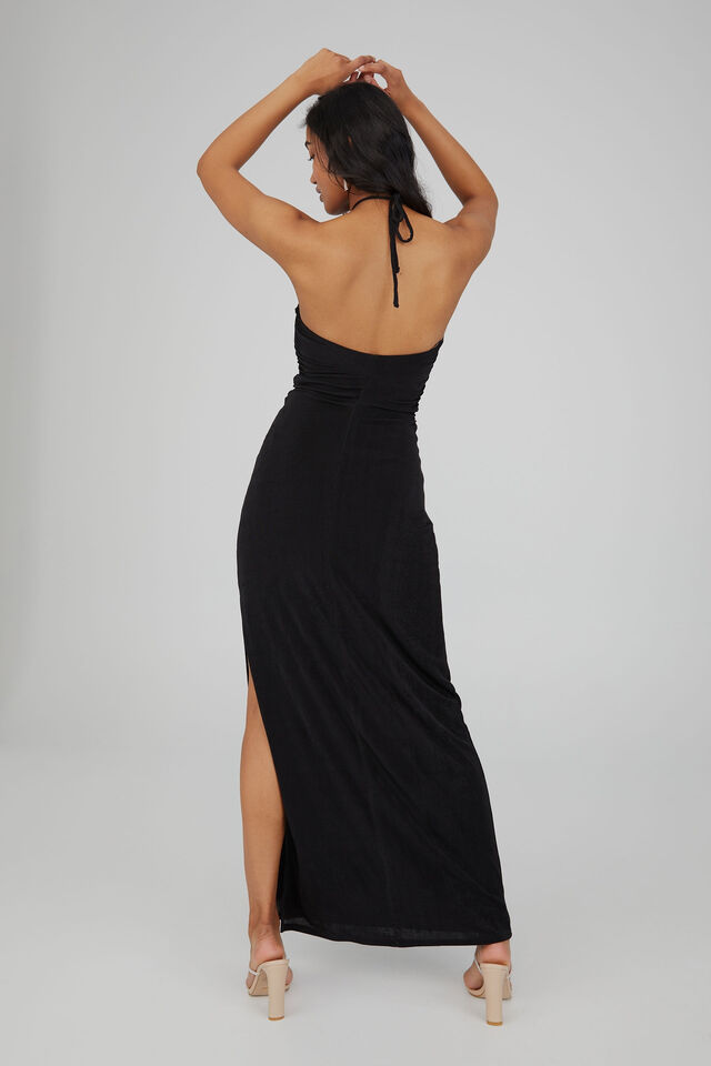 Serena Halter Neck Ruched Formal Dress, BLACK