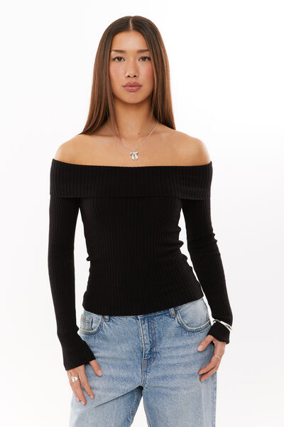 Tahlia Fold Back Knit Top, BLACK