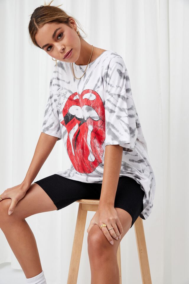 Oversized Rolling Stones Tie Dye T Shirt, SWIRL TIE DYE (WHT/GRY)/LCN BRA ROLLING STONE