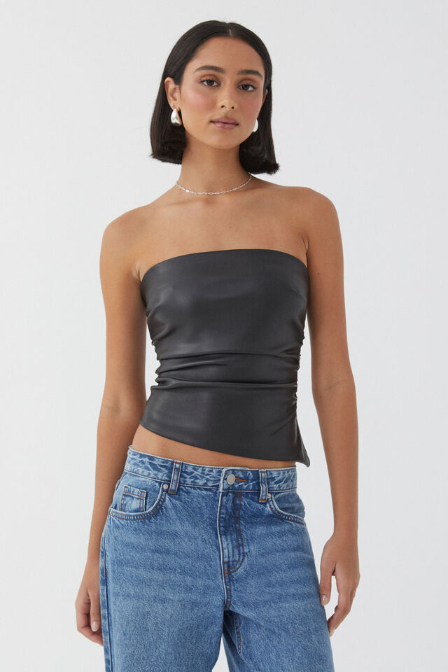 Pu Ruched Bandeau Top, BLACK