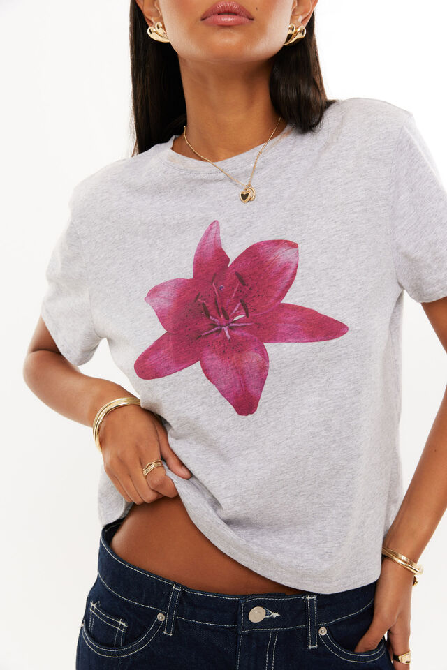 Pink Lily Graphic Tee, GREY MARLE/PINK LILY