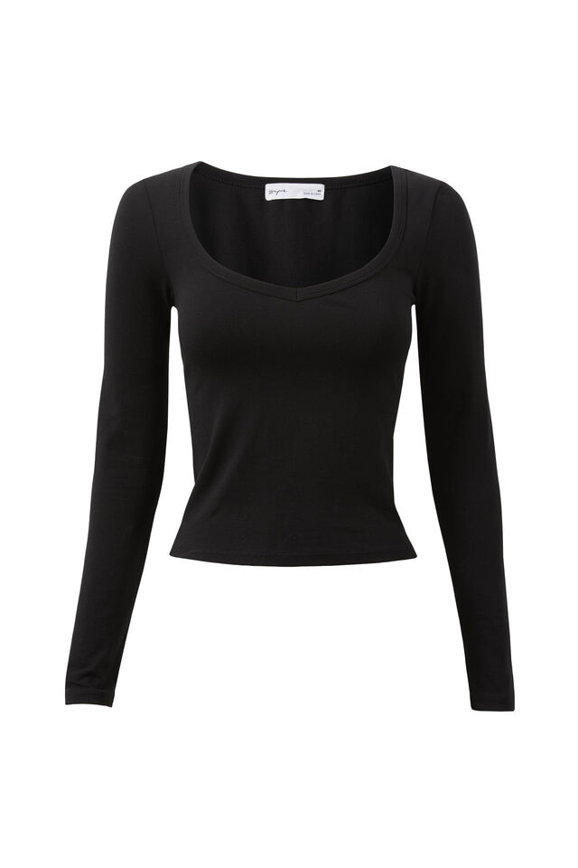 Vivian V Neck Long Sleeve Top, BLACK
