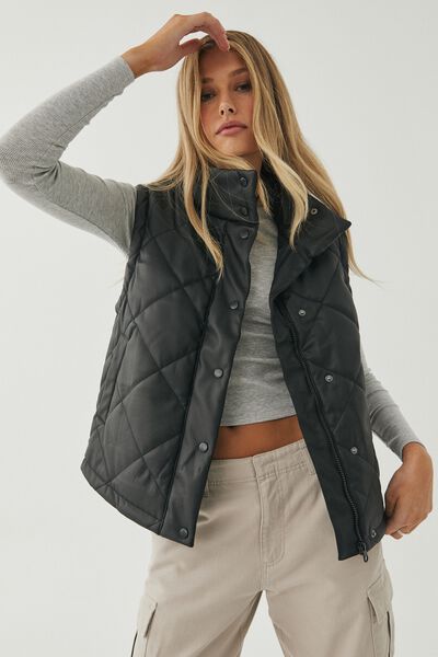 Vegan Leather Quilted Puffer Vest, BLACK