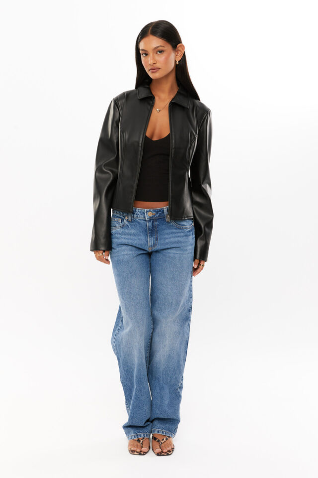 Gracie Collared Faux Leather Jacket, BLACK