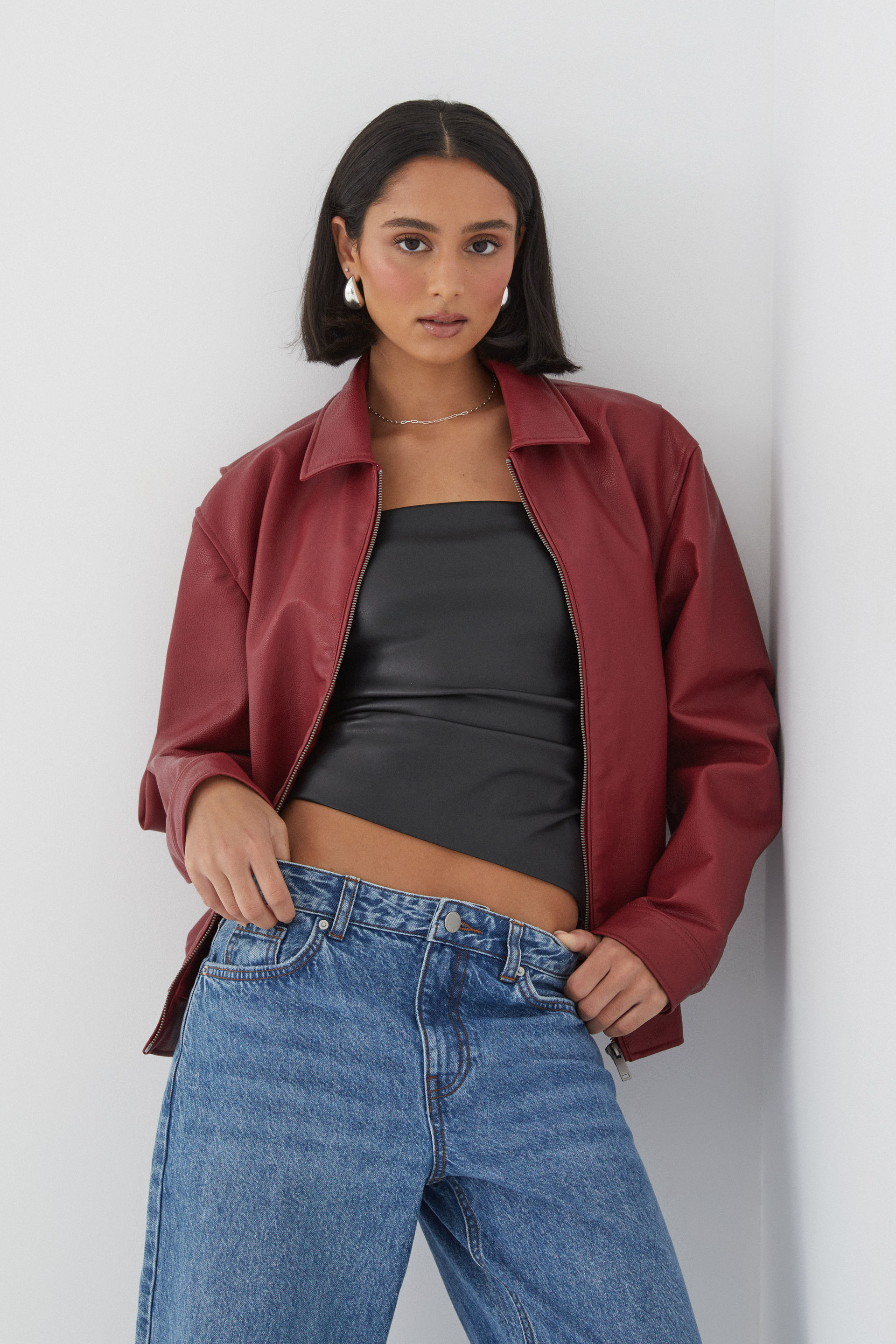 Faux Leather Collared Bomber Jacket