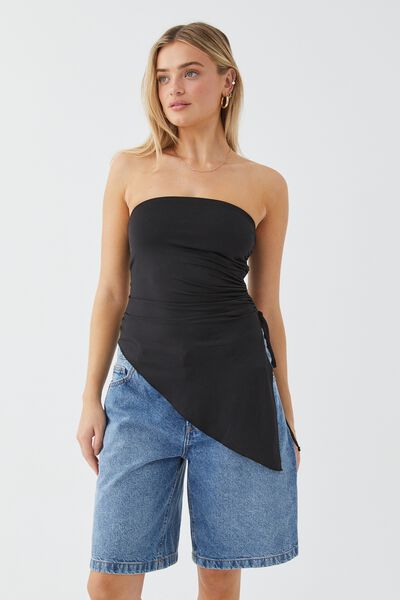 Mandy Strapless Ruched Top, BLACK