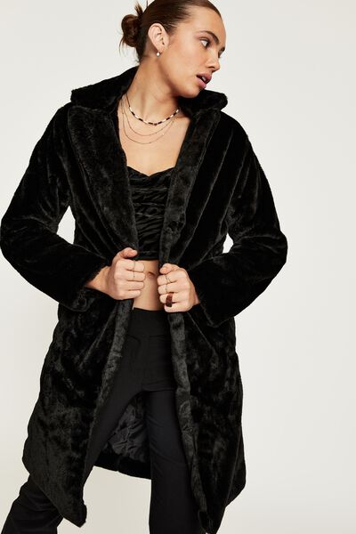 Noah Fur Longline Jacket, BLACK